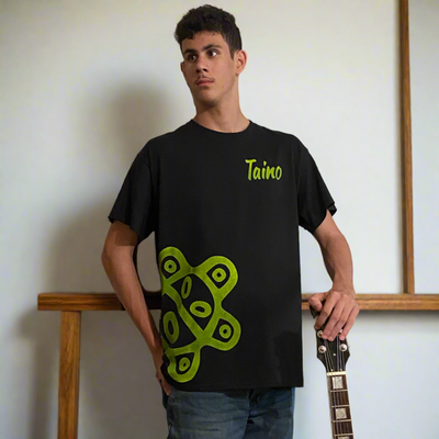  Black crewneck t-shirt with Taino Sun on lower right wide with word Taino on left side pocket and initials PR on left sleeve.