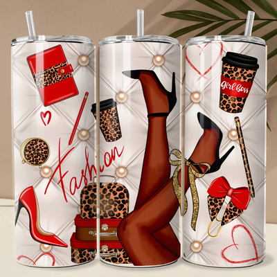 20 oz tumbler with image as if white fashion bag with white beads, displaying all things fashion, red high heel, coffee cup, travel bags