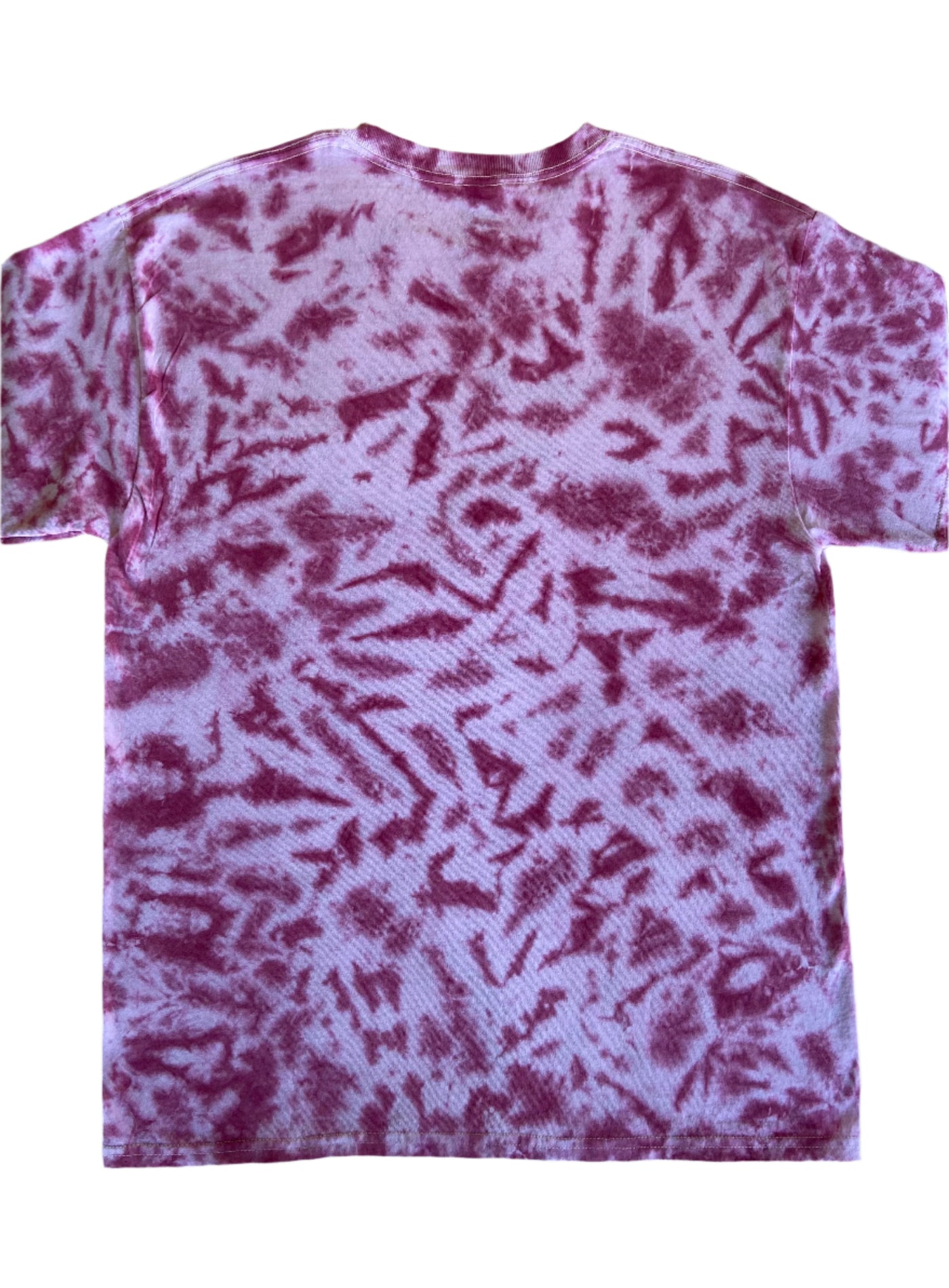 The back side of a pink and white tie-dye pattern short sleeve t-shirt