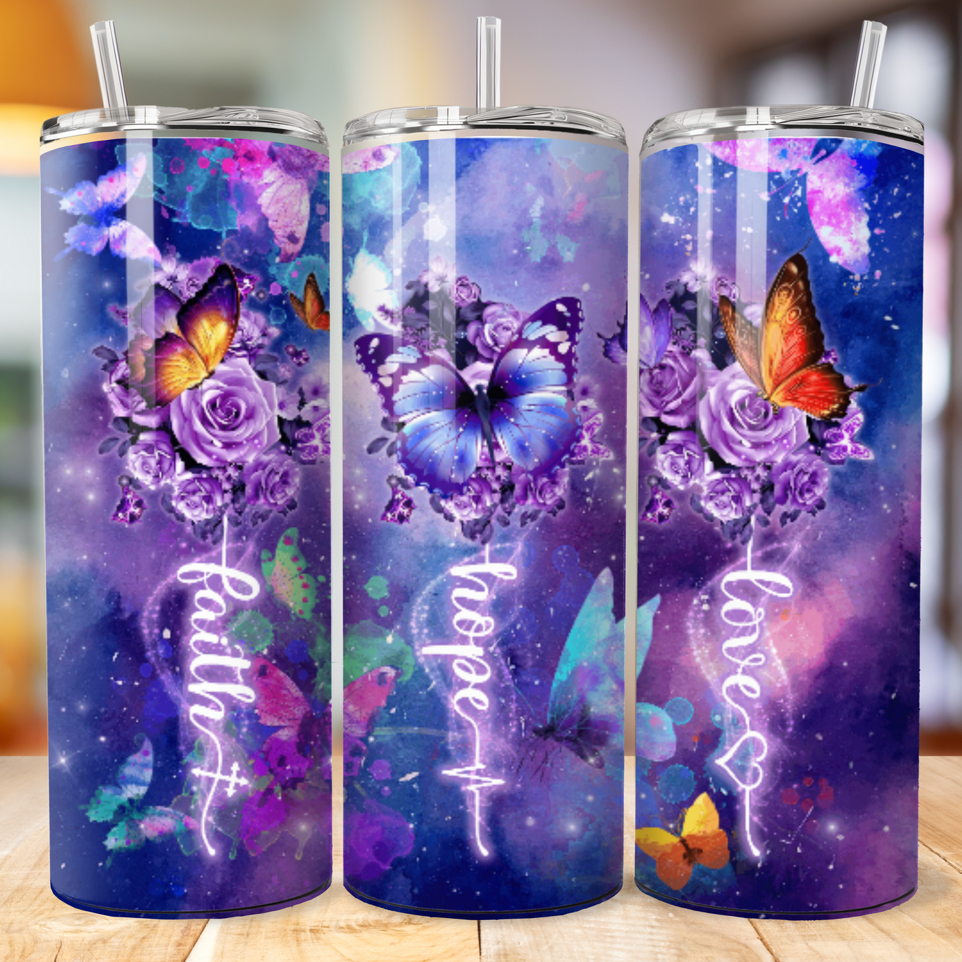 20 oz tumbler, purple and blue mix colors, 3 purple roses with a color butterfly on each rose and the stem of each rose spelling out faith, hope, love