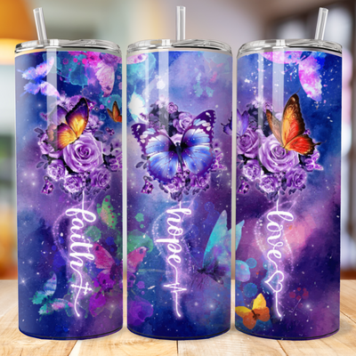 20 oz tumbler, purple and blue mix colors, 3 purple roses with a color butterfly on each rose and the stem of each rose spelling out faith, hope, love